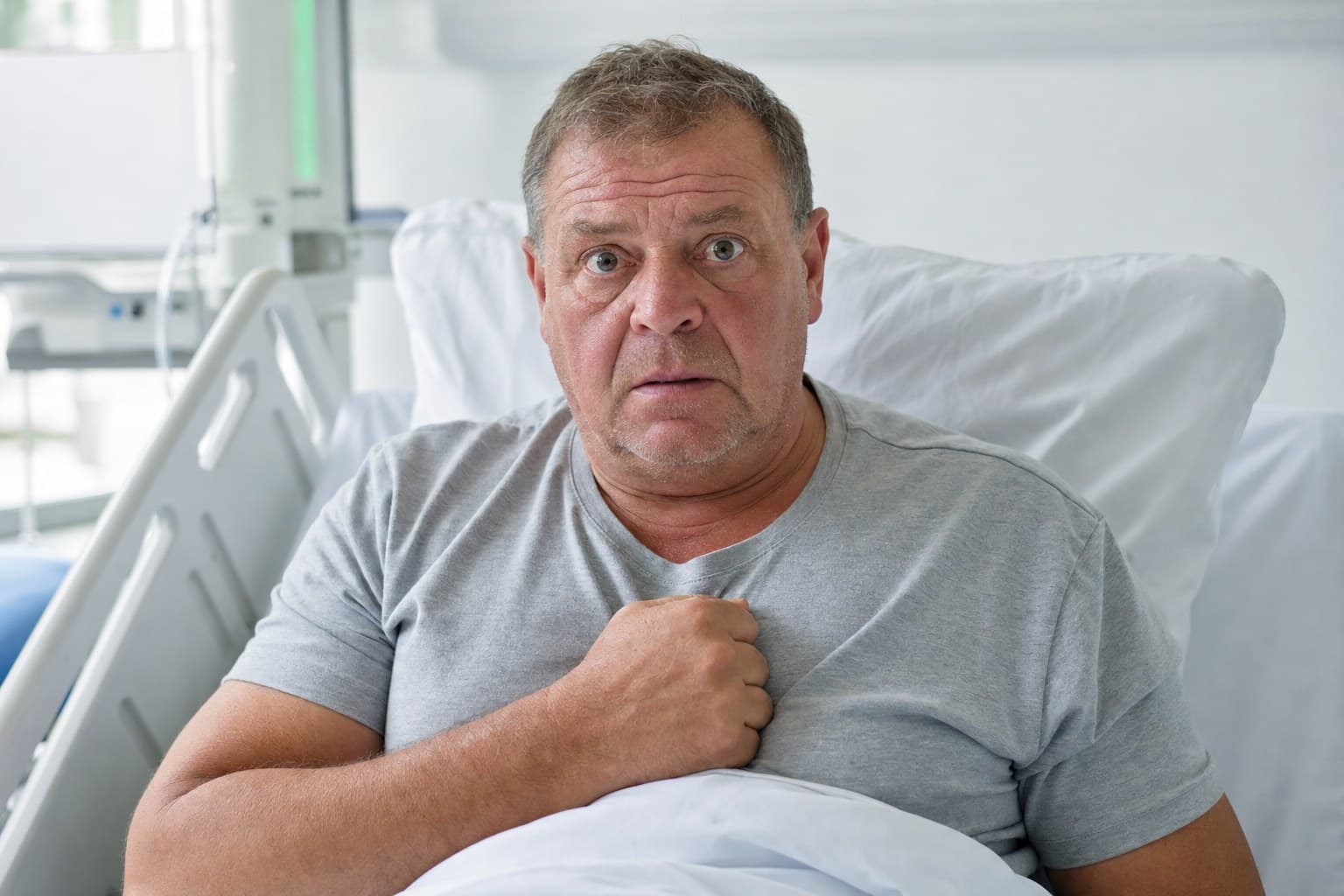 Bram Janssens, 58, pale and frightened in his hospital bed, one fist resting on the centre of his chest.