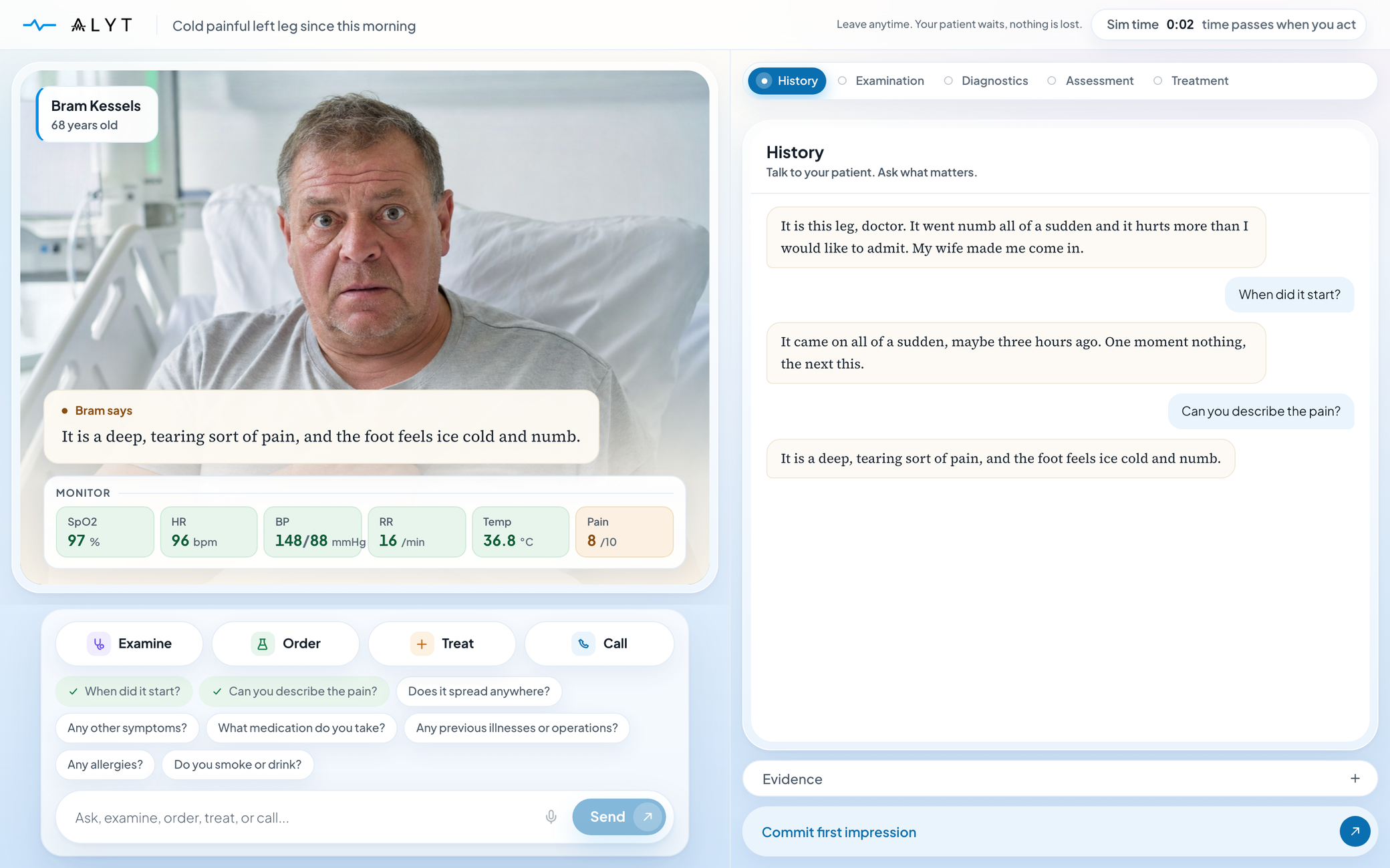 A live ALYT encounter: the patient answers history questions while vitals and a simulation clock run.