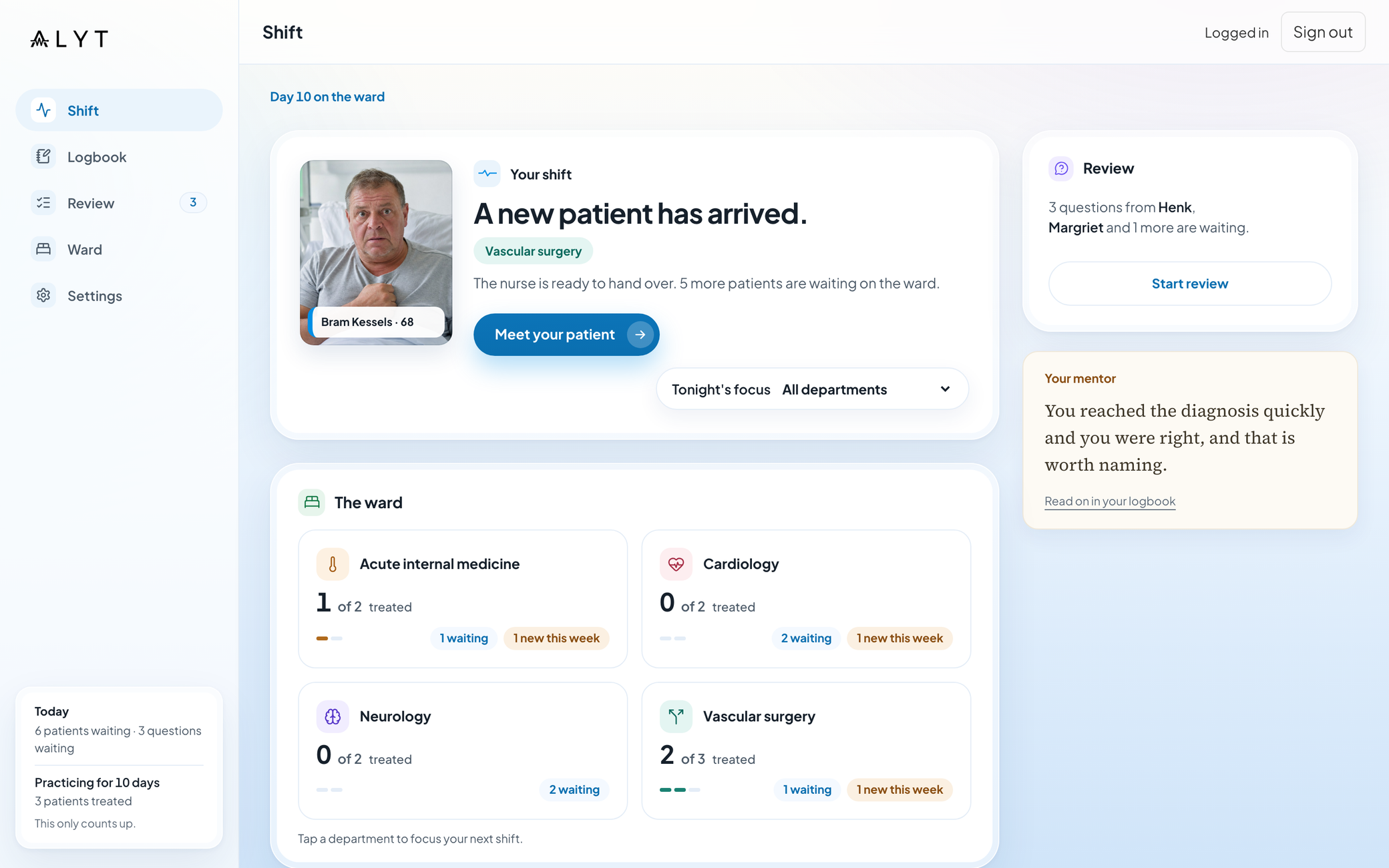 The ALYT ward home: a new vascular surgery patient arriving, the student's review queue, four ward departments, and a mentor's note.